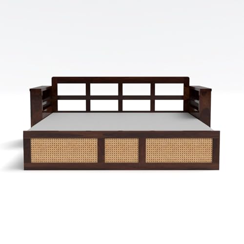 Image of Kunjal Furniture Solid Sheesham Wood Sofa Cum Bed with Storage for Living Room | Natural Finish | 3-Seater Convertible Sofa Bed | Handmade Wooden Furniture (Walnut, Modern)