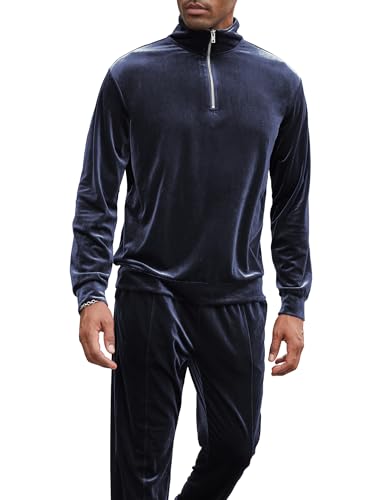 LecGee Men's 2 Piece Long Sleeve Tracksuit Velvet Quarter Zip Shirt Elastic Pant Velour Fall Casual Outfit Sweatsuit Set4