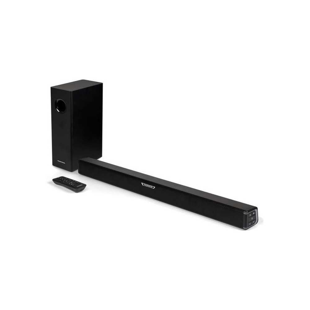 Thomson SB350BTS Barre de son – 300W Puissance Musicale Totale – Bluetooth 5.0 – Caisson de Basses Filaire – Entrée Optique & AUX – Préréglages EQ – Fixation Murale – Télécommande – Système Stéréo 2.1