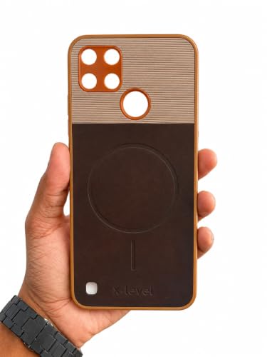 Image of Bintage Mac Safe Design Hard Slim Back Case | Soft Border Camera Protect | Dual PU Leather Finish Back Cover Compatible for Realme C25Y /Realme C21Y - White & Cherry Brown