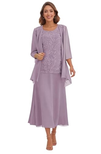 Lace Applique Formal Dresses for Women Plus Size 3/4 Sleeve Wisteria Mother of The Groom Dresses Summer 3 Pcs Tea Length Casual Dress with Jackets US18 Plus