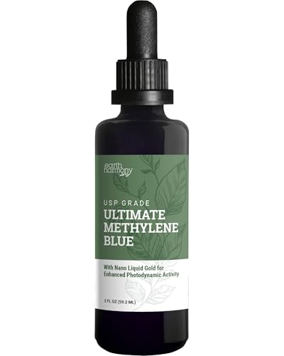 Earth Harmony Methylene Blue 1% USP (Pharmaceutical) Grade with Nano Liquid Gold for Photodynamic Research Miron Glass Bottle (2 Oz)