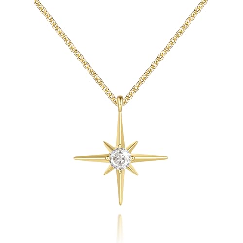 Gold Necklace for Women 14K Gold Pendant Necklaces for Women North Star Necklace Pendant with Cubic Zirconia Gentle and Beautifully Bright Dainty Chunky Star Jewelry for Womens