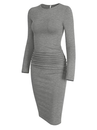 Image of Missufe Women's Long Sleeve Slim Ruched Bodycon Dress 2025 Trendy Fall Casual Round Neck Sheath Knee Length Outfits Clothes