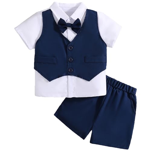 LIUNLU Baby Boy Formal Outfit Kids Formal Suit 4Y Summer Short Sleeve Shirt+Bowtie+ Suspender Shorts Gentleman Outfit Clothing Set