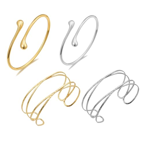 TenaLucy 2 Piezas Brazalete Abierto Minimalista Dorado para Mujer, Pulsera de Bobina con Capas Simple
