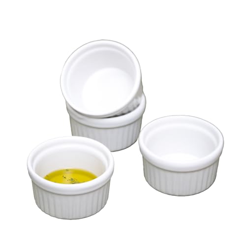 Set of 4 White Ribbed Oven Ramekins Small Ceramic Soufflé Dessert Baking Dish Dip Bowls