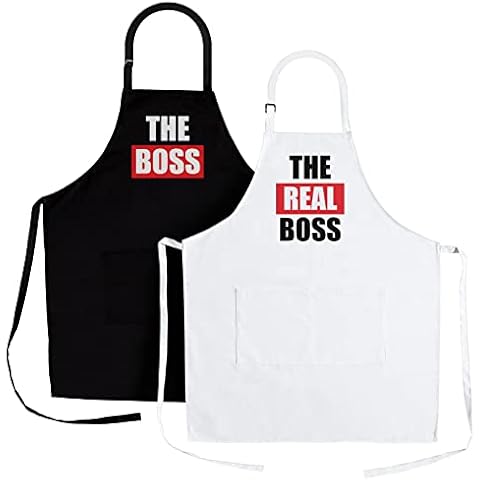 Nomsum Aprons for Couples | The Boss & Real Boss Apron Set | Premium Quality Kitchen Aprons | Perfect for Weddings, Engagements, Anniversaries and Bridal Showers | 2-Piece, One Size Fits All Cover