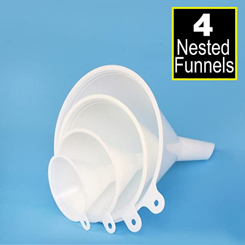 Image of Plastic Funnel for Automotive Use - Kitchen Funnels for Filling Bottles, Jars, Containers or Lab Use - Oil Funnel for Gas, Car Oil, Lubricants and Fluids (White-4 Pack)