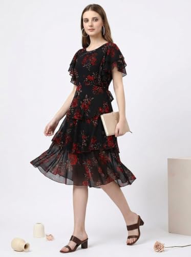 Image of Women Layered Georgette Fit & Flare Midi Dress | Round Neck Flutter Sleeve Knee Length Dress | Tiered Party Dress for Women Evening and Casual Styling