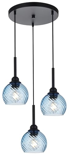 MILUCES 3 Light Pendant Lighting with Striped Swirl Globe Glass Blue Cluster Pendant Light for Kitchen Island, Modern Dining Room Light Fixtures Over Table Hanging Ceiling Light, E26 Base