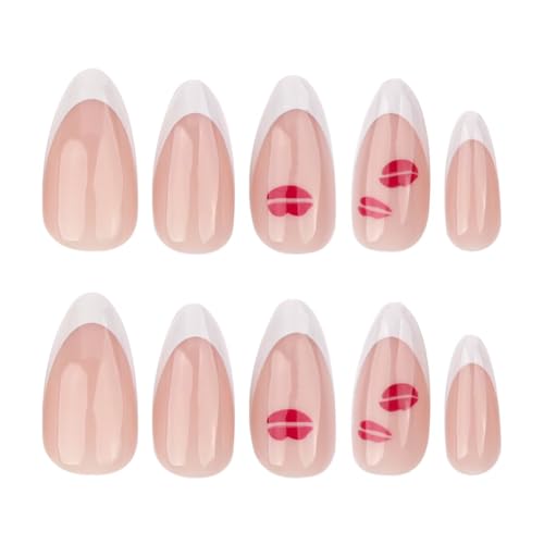 Image of French Tip Lip Print False Nails - Medium Almond Glossy Artificial Acrylic Full Cover Stick on Nails for Women's Valentine's Day Manicure