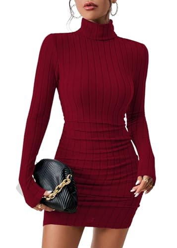 shownicer Damen Strickkleid Rippstrick Pulloverkleid Langarm Rollkragen Figurbetontes Kleid Bodycon Minikleid Pullikleid Einfarbige Freizeitkleid für...