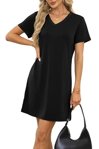 RUMIA Summer Casual Dresses for Women 2025 Vacation Dress V-Neck Short Sleeve Split Hem Beach Sundress3