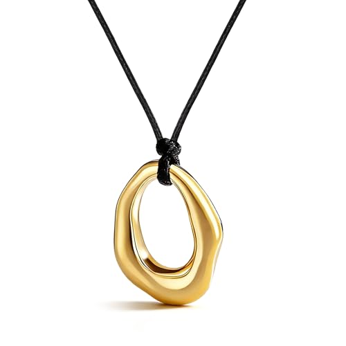 JAVARNV Gold Pendant Necklace for Women Adjustable Black Cord Organic Oval Charm Boho Statement Jewelry Gifts