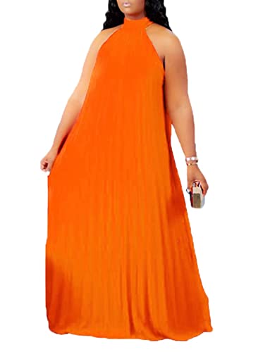 Image of Aro Lora Womens Casual Sleeveless Plus Size Chiffon Halter Neck Pleated Loose Long Maxi Dress