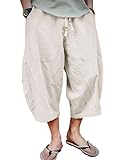 EKLENTSON Mens 3/4 Cotton Linen Shorts Summer Lightweight Loose Casual Capri Pants Elastic Waist Beach Yoga Long Shorts Beige White,32