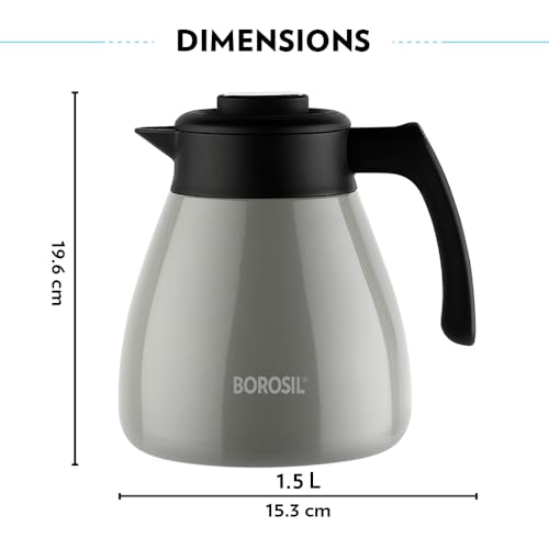 Image of Borosil Stainless Steel Teapot with Handle | Double Wall Vacuum Insulated Thermosteel Carafe | BPA Free Jug for Tea /Coffee & Juice | 18 Hours Hot & 24 Hours Cold | 1 Year Warranty (Grey, 1.5L)