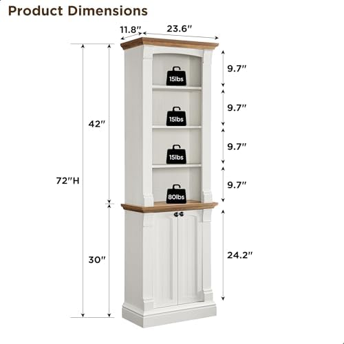OKD Farmhouse Storage Bookcase，72" Tall Bookcase with 4-Tier Open Adjustable Shelves，Wooden Freestanding Bookshelf Storage Organizer for Home Office, Living Room，2 Doors，Antique White