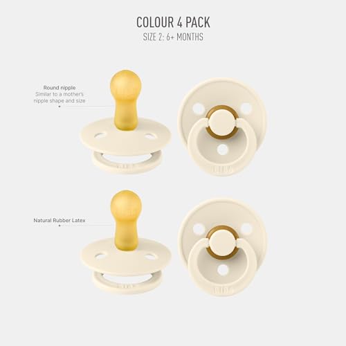 Image of BIBS Pacifiers - Colour 4-Pack | BPA Free Baby Pacifier | Round Nipple Binkies | Natural Rubber Latex Soother | Made in Denmark | Size 6-18 Months | Ivory
