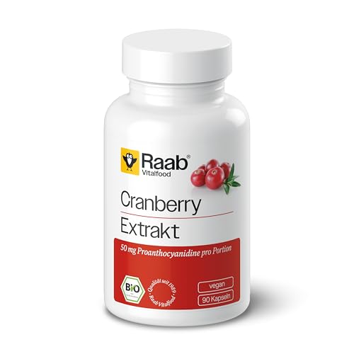 Raab Vitalfood Bio Cranberry Extrakt Kapseln, 90 Stück, ohne Zuckerzusatz, 50 mg Proanthocyanidine (PAC) pro Portion Extrakt, glutenfrei, vegan, 1er Pack