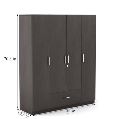 Image of DesignFit Engineered Wood 4-Door Wardrobe for Bedroom | Wooden Almirah with 1 Hanging Rod, 2 Drawers & 8 Shelves | Clothes Cupboard Storage Cabinet Furniture (Wenge Finish)