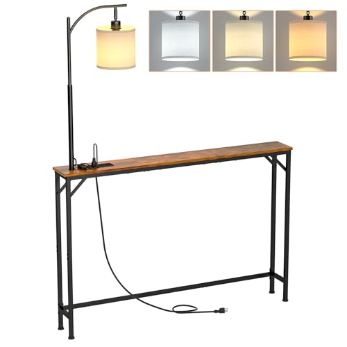 keomaisyto Skinny Console Table with Outlet, Narrow Sofa Table with 3-Color Light, Behind Couch Table with 3 Color Temperatures Led Bulb for Living Room, Bedroom, Entryway, Hallway