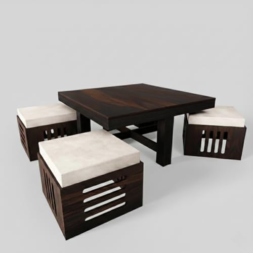 Image of Solid Sheesham Wood Coffee Table for Living Room | Wooden Square Coffee /Tea Table with 4 Cushioned Stools |Center table with Storage Teapoye for Home, Living Room, Balcony, Natural Walnut
