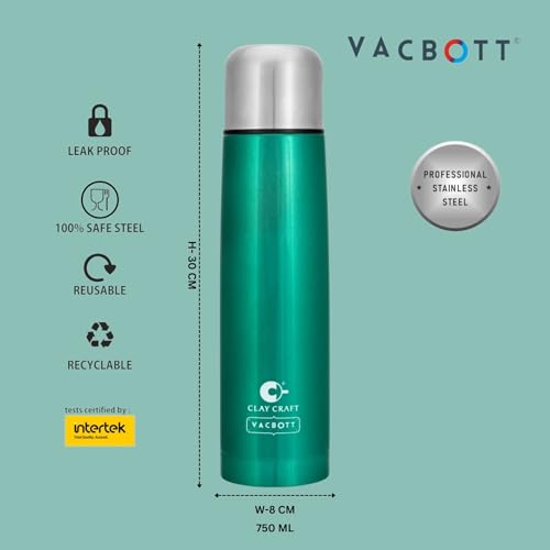 Image of Clay Craft VACBOTT Terra Double Walled 18 Hours Hot and 24 Hours Cold Water Bottle-750ML, 2-Piece(Green) Leak Proof|Easy to Carry|Gym Bottle|Home|Kitchen|Hiking|Travel Bottle|BIS Certified