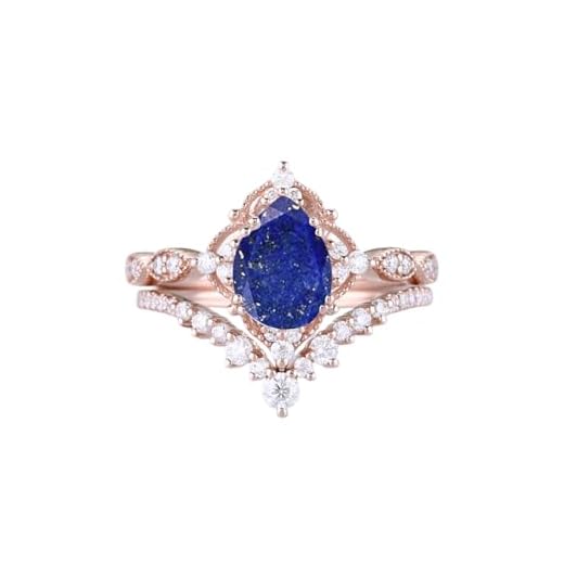 1.5 ct Pear Shaped Lapis Lazuli Engagement Rings For Women Vintage 2 pcs Art Deco Bridal Sets Wedding Rings S925 10K 14K 18K White Yellow Rose Gold Teardrop Wedding Ring Set For Her