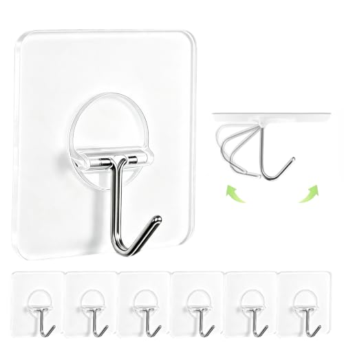 Image of JINSHUNFA Adhesive Wall Hooks No Drill Clear Heavy Duty,13LB Sticky 8 Pack | Waterproof Transparent Sticky Hooks for Hanging,13lbs Max Load No Damage,Ideal for Towel,Coat,Bathroom,Kitchen,Home
