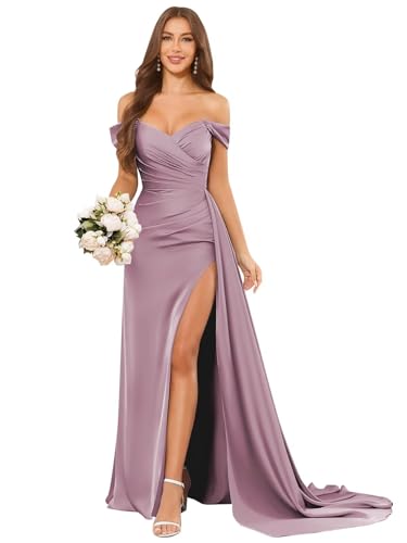 Satin Bridesmaid Dresses Off The Shoulder Long Formal Evening Gown with Slit