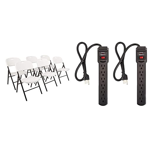 Amazon Basics Folding Plastic Chair with 350-Pound Capacity - 6-Pack, White & 6-Outlet, 200 Joule Surge Protector Power Strip, 2 Foot, Black - Pack of 2