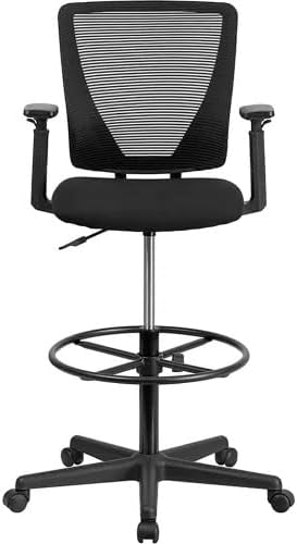 Ergonomic Mesh Drafting Stool with Adjustable Arms, Lumbar Support & Height-Control Foot Ring – Swivel Mid-Back Drafting Chair for Office or Studio, Black