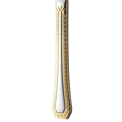 Gold Flatware Serving Set, "Greek Medusa" 75-Piece Dining Service for 12, 18/10 Premium Surgical Stainless Steel, 24K Gold-Plated Trim, Silverware Cutlery Hostess Set, Wood Storage Case (Greek)