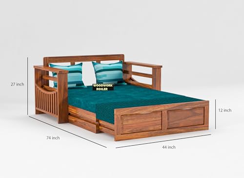 Image of Solid Sheesham Wooden Sofa Cums Bed with Mattresses for Living Room | Rosewood 2 Seater Sofa Cums Bed for Bedroom Without Pillow (D-Natural Finish)