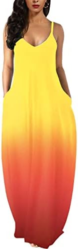 Wolddress Womens 2023 Casual Sleeveless Sundress Plus Size Loose Plain Long Summer Beach Maxi Dress with Pockets Gradient-Yellow Orange L