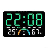 HEIBTENY Große LED-Digitaluhr mit Zeit, Luftfeuchtigkeit, Temperatur, Datum, Wecker, Komfortstandsanzeigen, abnehmbarer Ständer für Wand oder Schreibtisch, Grün