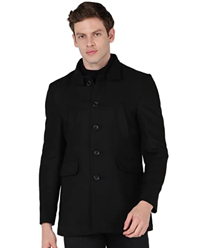 Image of Men's Black Trench Coat Regular Fit Notch Lapel Single Breasted Top Coat Winter Warm Woolen Tweed Business Semi Long Jacket Overcoat