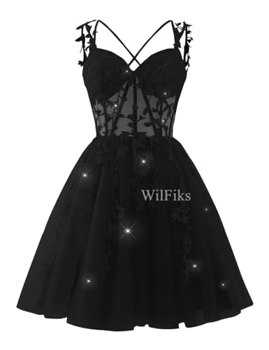 Wilfiks Sparkly Lace Applique Black Homecoming Dresses For Teens Sweetheart Tulle Corset Prom Dress Short A-Line Cocktail Party Gown Us0 cover