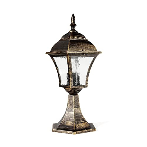 Licht-Erlebnisse Iluminación rústica para jardín, color dorado antiguo, IP43, aluminio, E27, 43 cm de alto, lámpara de zócalo exterior balcón