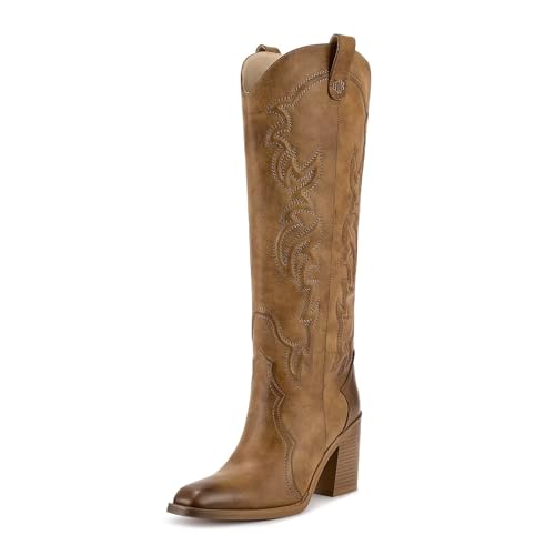 wetkiss Cowgirl Boots Women Knee High Boots, Embroidered Cowboy Boots with Chunky Heel Comfort Tall Western Boots for Women