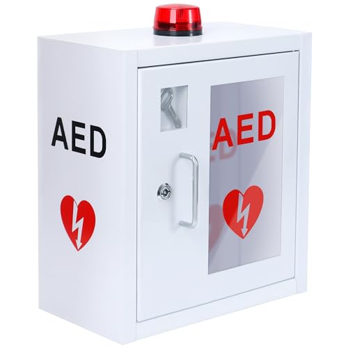 likom AED Cabinet, First Aid Defibrillator Wall Mounted Storage Cabinet Stainless Steel Snap Lock Fits All Brands Cardiac Science W/Alarm and Light 14 x 7.9 x 15.8 Inch