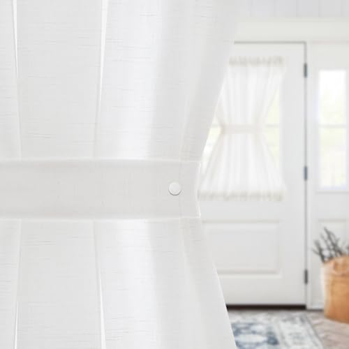 Image of jinchan Linen Blend French Door Curtain Solid White 40 Inch Rod Pocket Privacy Panel with Tieback Light Filtering 1 Panel Farmhouse Country Style for Door or Window