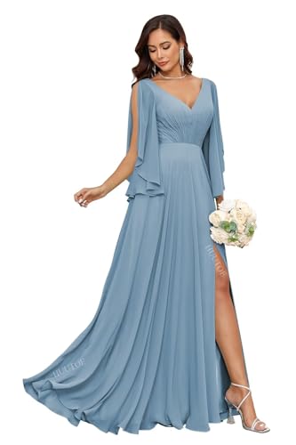 Image of HUUTOE Ruffle Sleeve Chiffon Dusty Blue Long Bridesmaid Dress with Slit V Neck A-Line Formal Summer Wedding Guest Dresses for Women XL US14