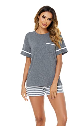 Nofaner Schlafanzug Damen, Pyjama Damen Lang Baumwolle Zweiteiliger Hausanzug kuschelig Katzendruck und Polka Dot Schlafanzughose Sleepewear Loungewear (Grau Kurz, S) Cover