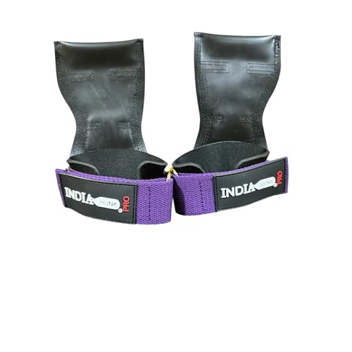 Image of INDIAHUNK Weight Lifting Grips (Pair) for Heavy Powerlifting, Deadlifts, Rows & Pull Ups - Neoprene Padded Wrist Wrap Support with Strong Rubber Grips, Bodybuilding Straps, Free Grip Pouch ( Purple)
