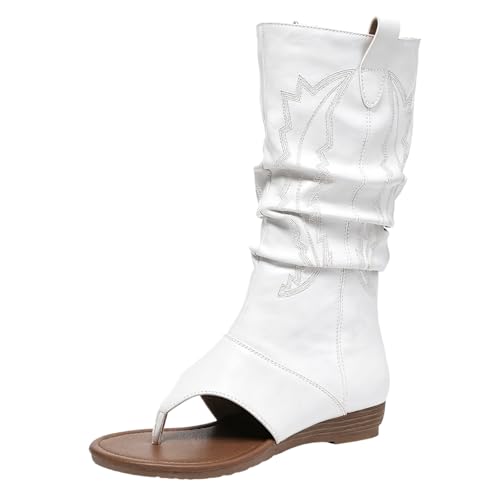 ENEN Botas de Verano Mujer Planas con Tacon, Botas Cowboy Verano Mujer Caladas Sandalias de Dedo Piel Elegante Botines Mujer Tacon Bajo Sandalias Gladiador para Fiesta (10953 Blanco,37)