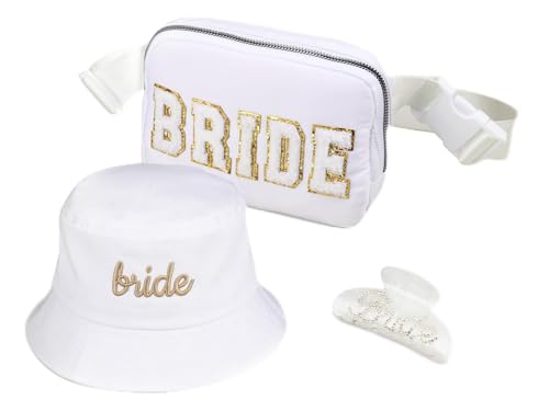 3PCS Bachelorette Gifts for Bride Bride Fanny Pack Embroidered Bucket Hat & Rhinestone Hair Claw Clip Bride to Be Gifts for Bridal Shower Bachelorette Party Wedding Day Honeymoon