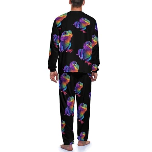 Colorful Bearded Dragon Mens Pajama Set Soft Long Sleeve Sleepwear Lounge Set Pjs4